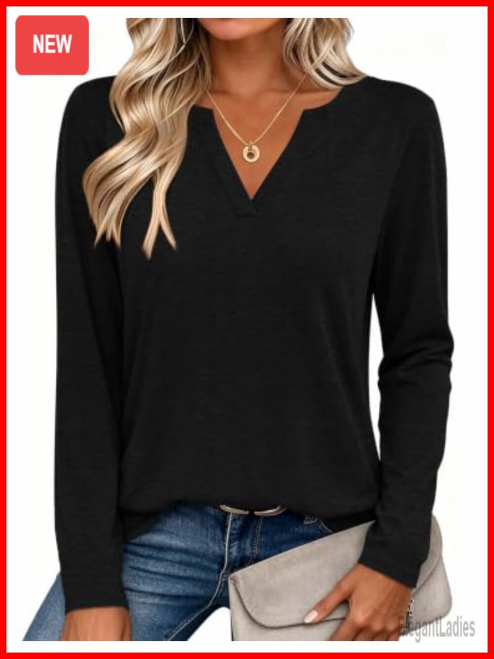 Women's Long Sleeve V Neck Tunic Top Loose Fit Casual
